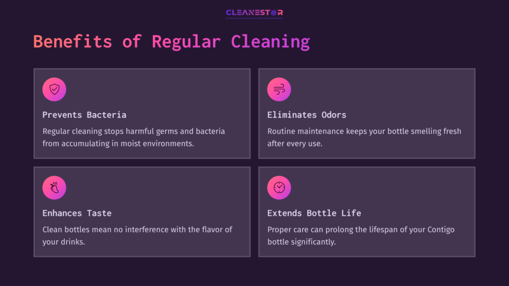 Four Outlined Benefits Of Regular Cleaning For Contigo Water Bottles, Featuring Purple And Pink Colors. Text Highlights Preventing Bacteria, Odors, Taste Enhancement, And Extending Bottle Life.