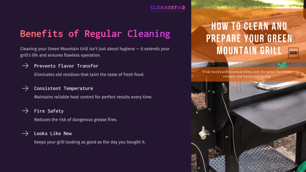 Text Highlights The Benefits Of Regular Grill Cleaning On A Divided Background—Purple On The Right And An Outdoor Grill Image On The Left.