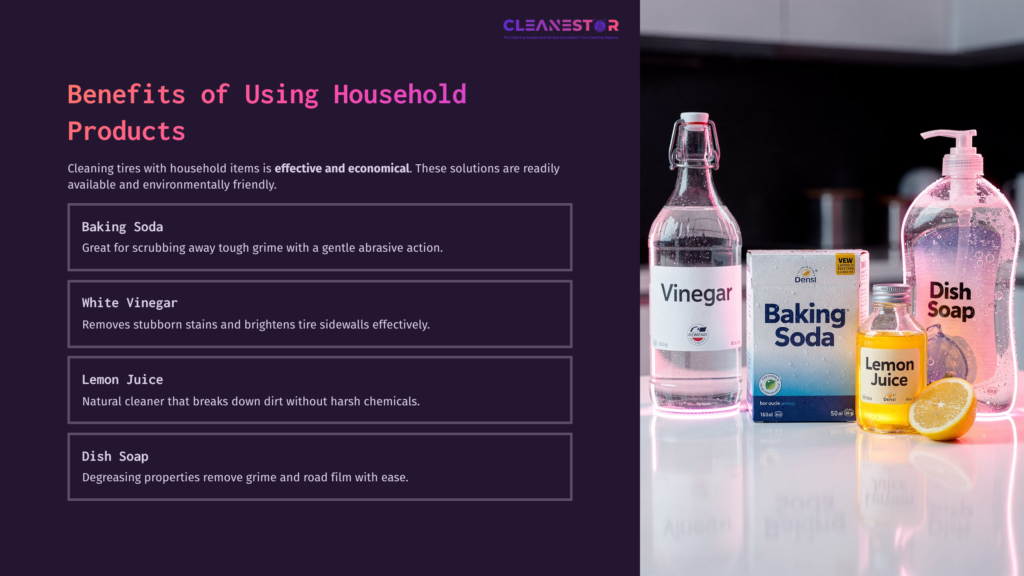 Three Household Cleaning Products: A Bottle Of White Vinegar, A Box Of Baking Soda, And A Bottle Of Lemon Juice On A Purple Background.