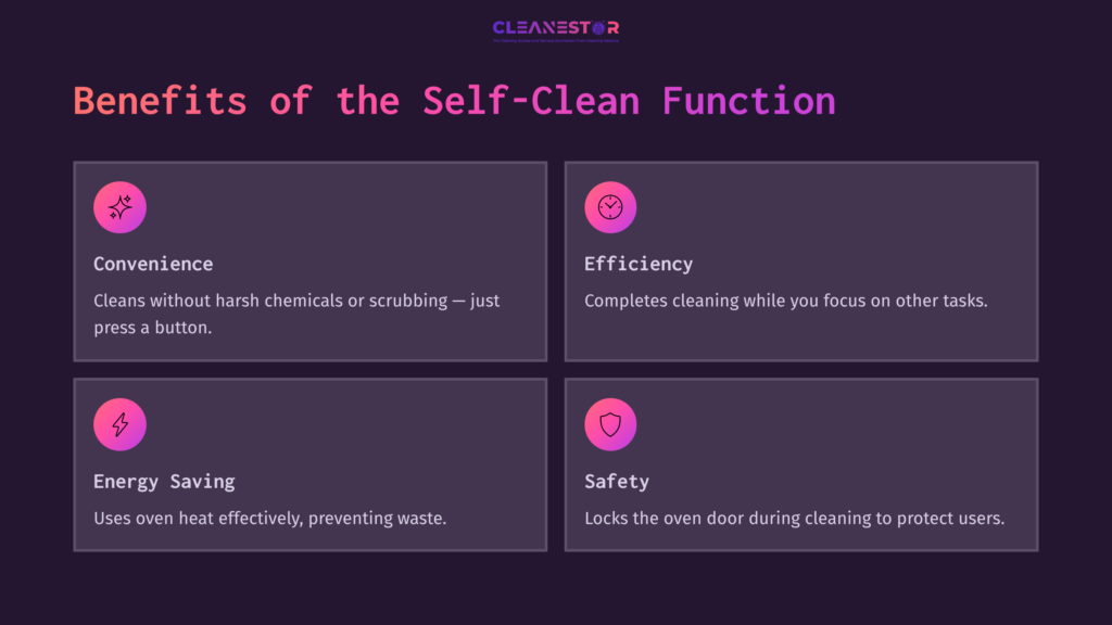 Four Rectangular Sections On A Dark Background Highlight Benefits Of The Self-Clean Function: Convenience, Efficiency, Energy Saving, And Safety.