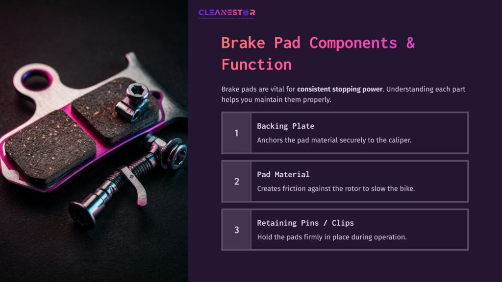 Brake Pad Components Displayed On A Dark Backdrop, Featuring A Backing Plate, Pad Material, And Retaining Pins, Alongside Informative Labels.