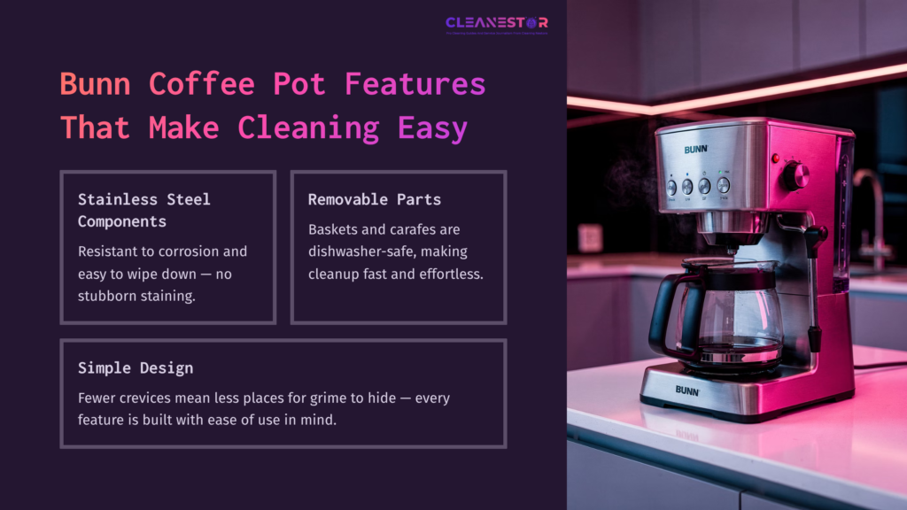 Bunn Coffee Pot With Stainless Steel Components On A Countertop, Featuring Highlighted Text Boxes About Easy Cleaning Features.