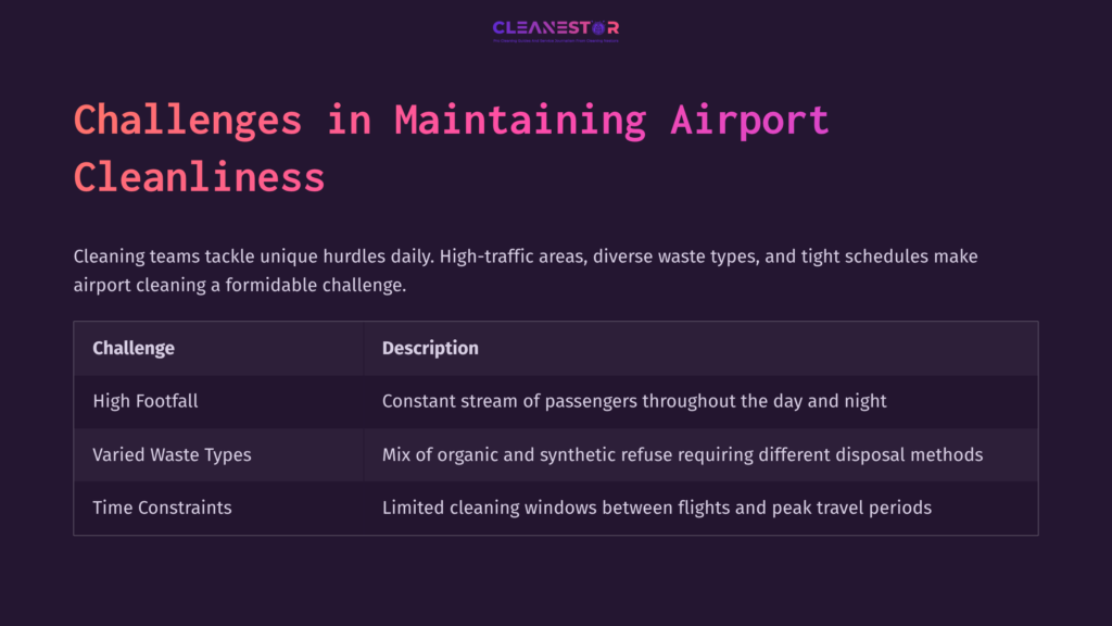 Table Displaying Challenges In Airport Cleanliness, Including High Foot Traffic, Varied Waste Types, And Time Constraints, On A Dark Background.