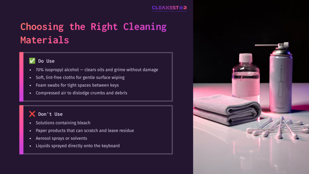 Graphic Outlining Dos And Don'Ts For Cleaning A Macbook Keyboard, Featuring A Checklist With A Bottle Of Cleaning Solution And Microfiber Cloth.