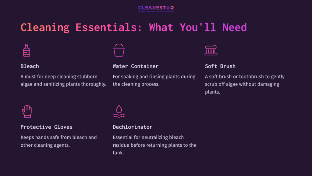 3 Cleaning Essentials What Youll Need Graphic Listing Cleaning Essentials For Aquarium Plastic Plants: Bleach, Water Container, Soft Brush, Protective Gloves, And Dechlorinator, On A Dark Background.