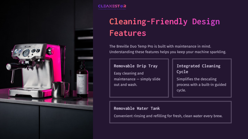 A Breville Duo Temp Pro Espresso Machine On A Countertop, Featuring A Removable Drip Tray, Water Tank, And Integrated Cleaning Cycle Details.