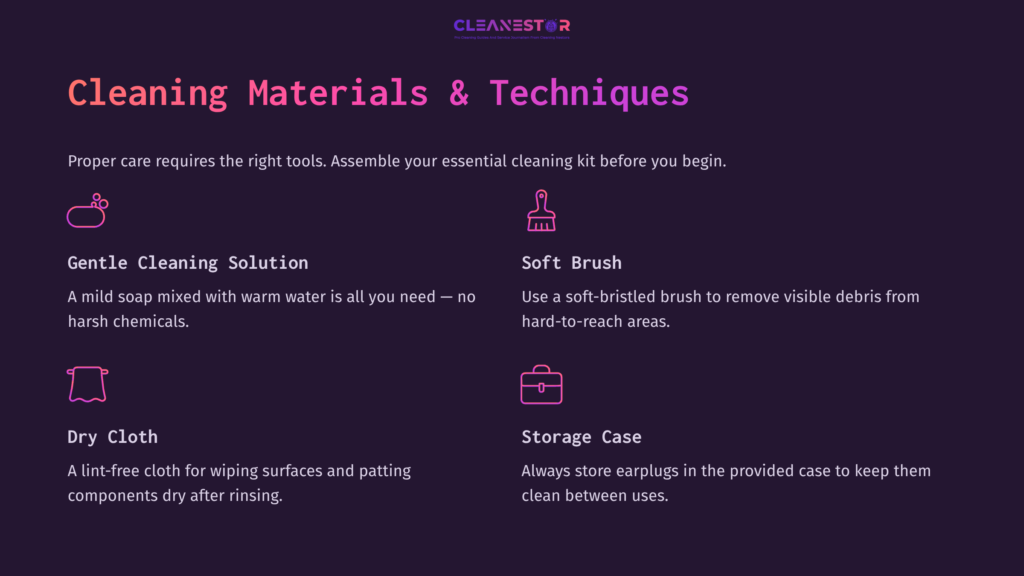 List Of Cleaning Materials And Techniques With Headings In Pink On A Dark Background, Including A Gentle Cleaning Solution, Soft Brush, Dry Cloth, And Storage Case.