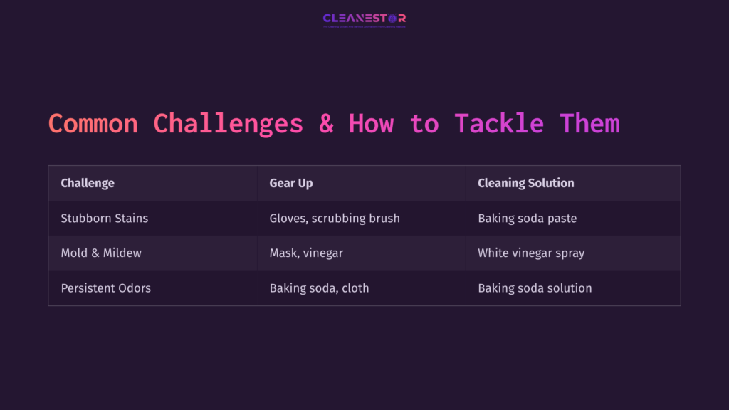 Table Displaying Fridge Cleaning Challenges, Including Stains And Odors, With Corresponding Gear And Cleaning Solutions Outlined In Columns.