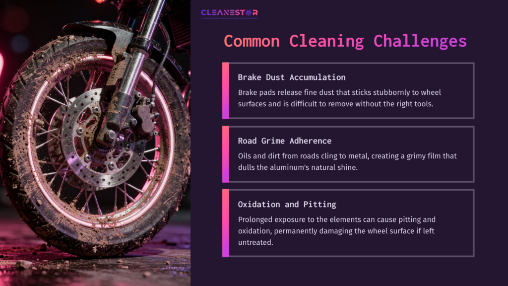 3 Common Cleaning Challenges Close-Up Of A Dirty Aluminum Motorcycle Wheel, Showcasing Brake Dust And Grime, With Text Highlighting Cleaning Challenges In A Stylish Layout.