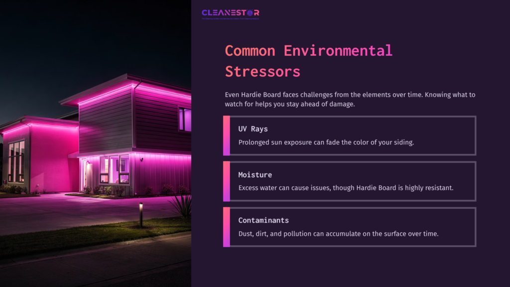 A Nighttime Exterior View Of A Modern Home With Pink Lighting, Alongside Text Highlighting Environmental Stressors Affecting Hardie Board.