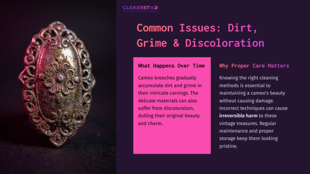 A Tarnished Cameo Brooch With Intricate Carvings On A Dark Background, Accompanied By Text Discussing Cleaning And Care.