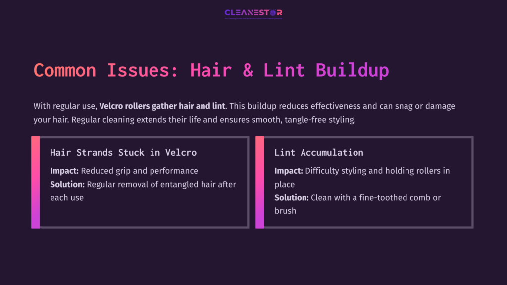 Text On A Purple Background Highlights Common Issues With Velcro Rollers, Including Hair Buildup And Suggested Solutions For Cleaning.