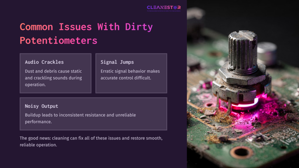 Close-Up Of A Dirty Potentiometer On A Circuit Board, With Highlighted Text Boxes Discussing Common Issues And The Benefits Of Cleaning.