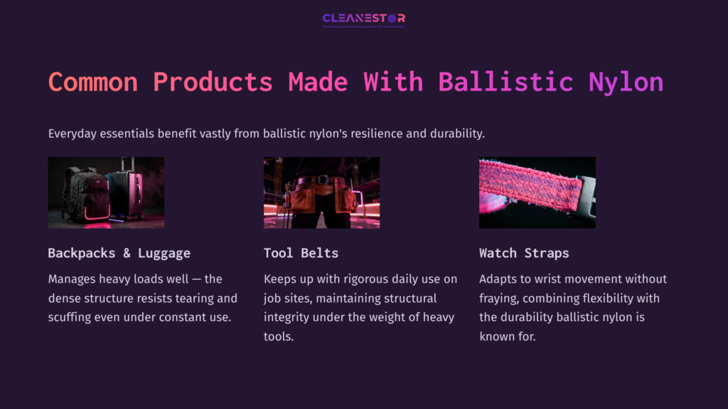 Bold Text Headers On A Dark Background List Products Made From Ballistic Nylon: Backpacks, Tool Belts, And Watch Straps, With Colorful Accents.