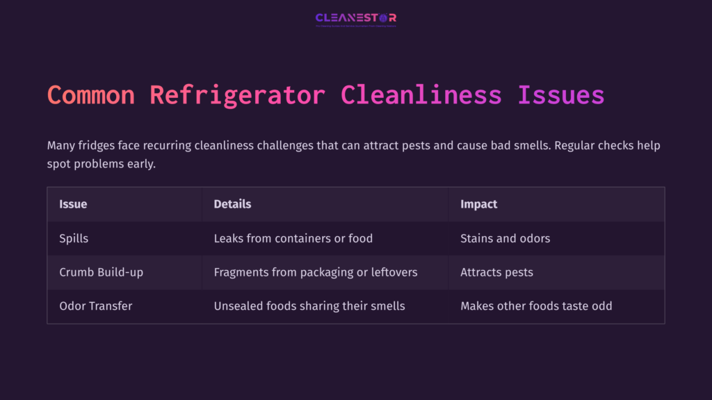 Table Listing Common Refrigerator Cleanliness Issues With Headers, Descriptions, And Impacts, Set On A Dark Purple Background.