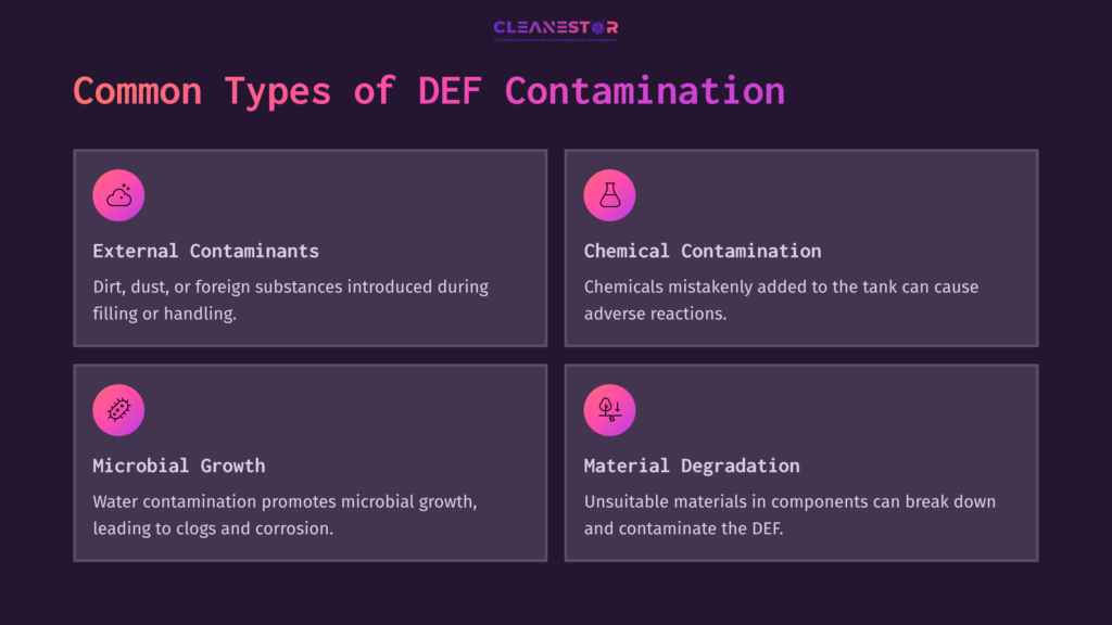 3 Common Types Of Def Contamination Infographic Showcasing Four Types Of Def Contamination: External Contaminants, Chemical Contamination, Microbial Growth, And Material Degradation.