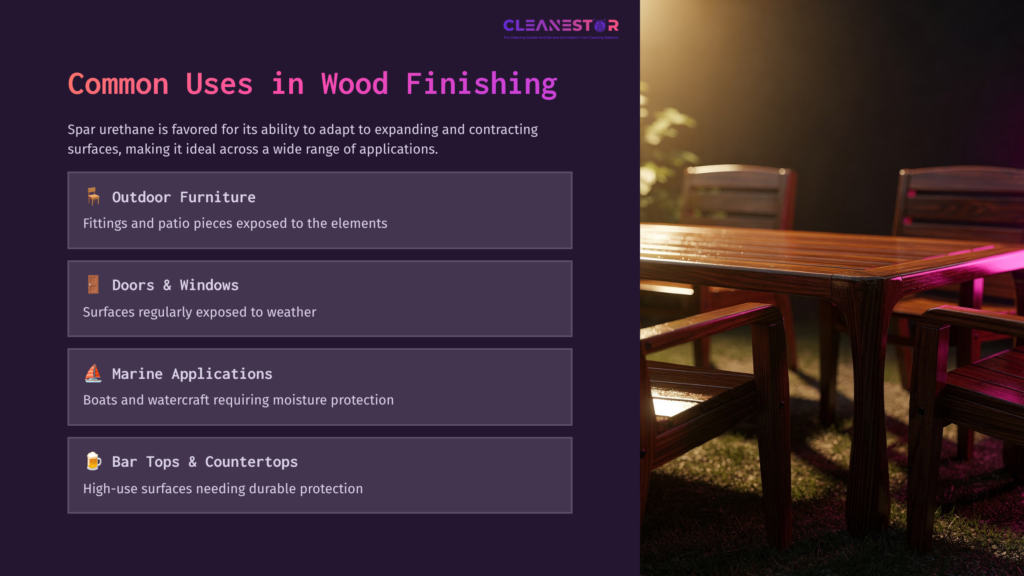 A Wooden Table And Chairs Set Outdoors, Surrounded By Greenery, With A List Of Common Wood Finishing Applications On A Dark Background.