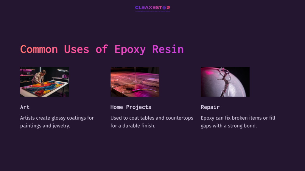 3 Common Uses Of Epoxy Resin Three Images On A Dark Background Showcasing Epoxy Resin Uses: Art, Home Projects, And Repair, With Brief Captions For Each.
