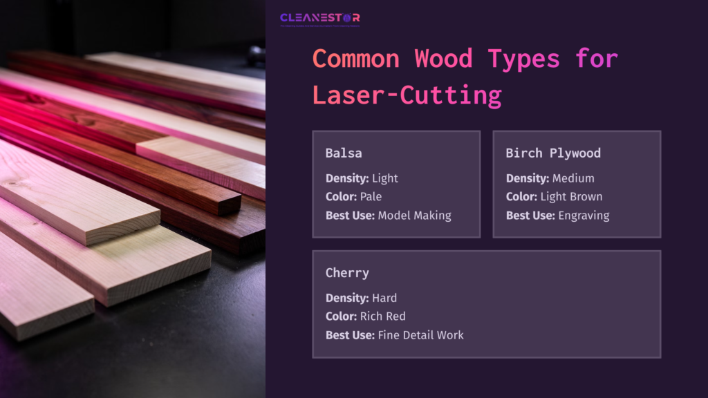 Collection Of Laser-Cut Wood Types, Featuring Balsa, Birch Plywood, And Cherry, With Details On Density, Color, And Best Uses.