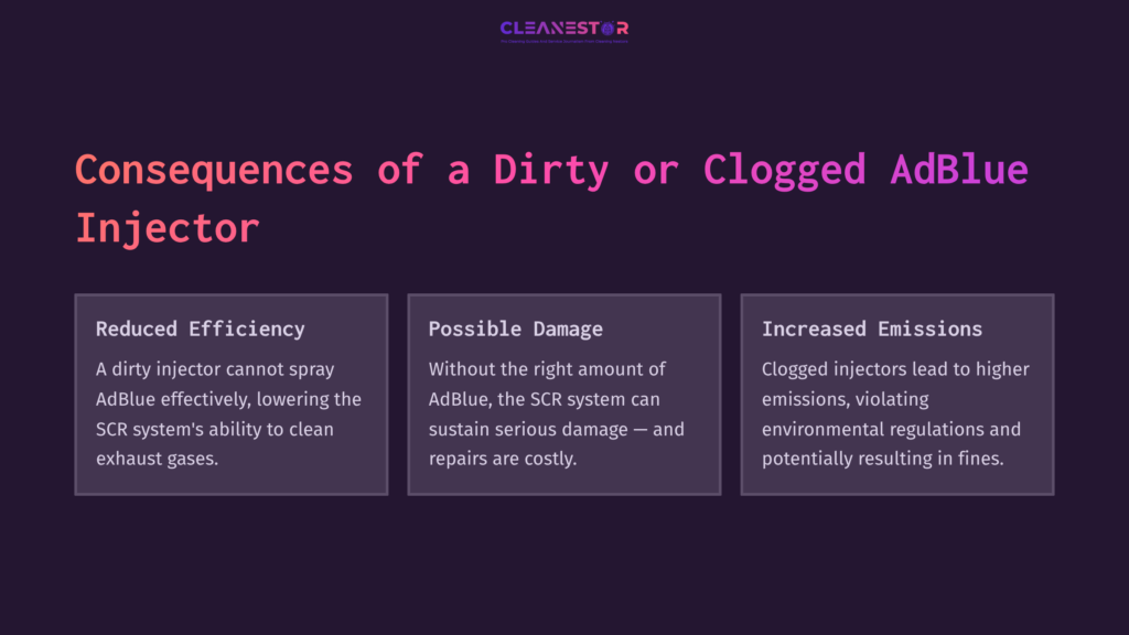3 Consequences Of A Dirty Or Clogged Adblue Injector Three Informative Boxes Detail The Consequences Of A Dirty Adblue Injector: Reduced Efficiency, Possible Damage, And Increased Emissions, All On A Dark Purple Background.
