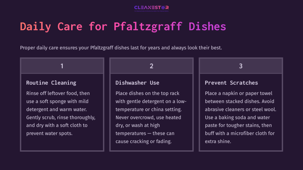 Guidelines For Cleaning Pfaltzgraff Dishes, Featuring Three Steps: Routine Cleaning, Dishwasher Use, And Prevent Scratches In Clear Text Boxes.