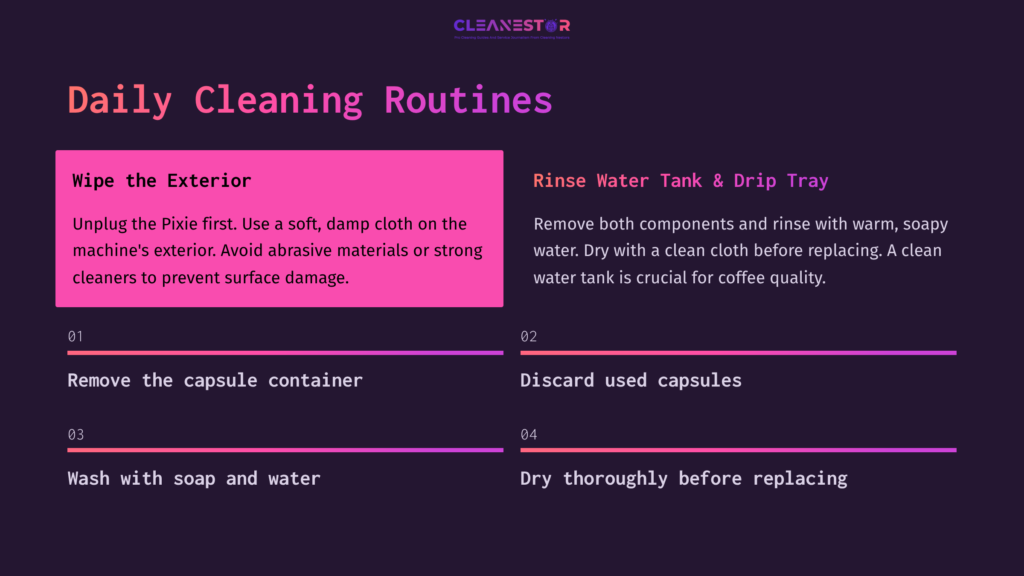 Instructions On Cleaning A Nespresso Pixie, With Pink And White Text Highlights On A Dark Background, Detailing Steps For Maintaining The Machine.