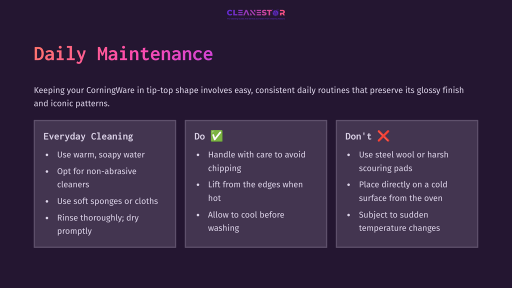 Daily Maintenance Guide For Corning Ware: Tips In Purple Boxes; 'Do' With Checkmark, 'Don'T' With Red Cross; Clear Cleaning Instructions.