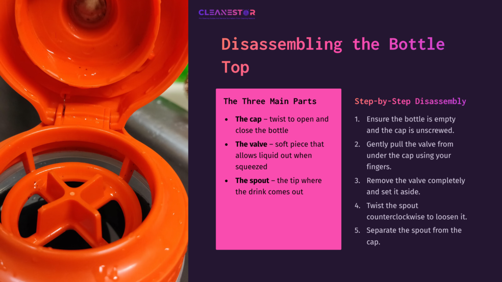 Close-Up Of An Orange Gatorade Bottle Top, Featuring An Open Cap Revealing The Valve And Spout Labeled With Disassembly Steps.