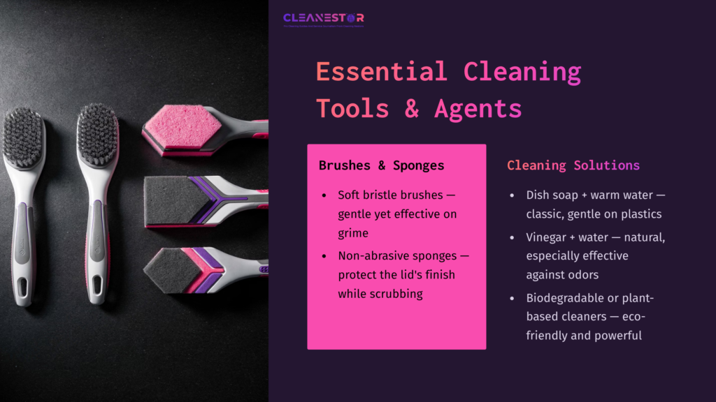 Four Cleaning Tools Are Displayed, Featuring Soft Bristle Brushes And Non-Abrasive Sponges, With A Color Scheme Of Pink And Grey On A Dark Background.