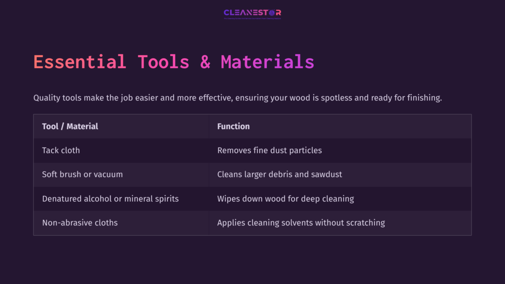 Table Listing Essential Tools And Materials For Cleaning Wood, With Gray Headings And Descriptions On A Dark Purple Background.