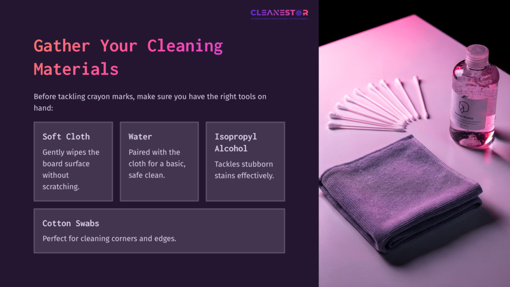Purple And Pink Background Features Cleaning Supplies: A Soft Cloth, Cotton Swabs, A Water Bottle, And Isopropyl Alcohol, With Text Detailing Cleaning Tips.