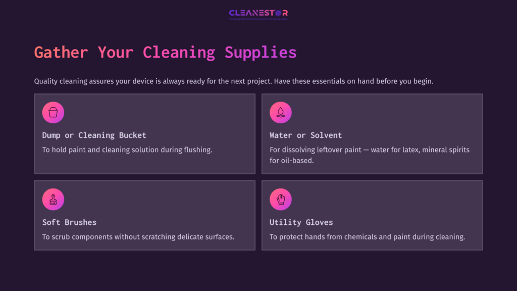 Cleaning Supplies List Featuring A Bucket, Water/Solvent, Scrub Brushes, And Utility Gloves With A Purple And Pink Design On A Dark Background.