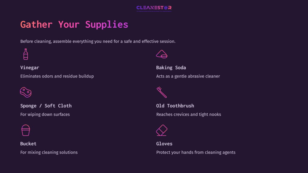 Supplies List For Cleaning, Featuring Vinegar, Baking Soda, Sponge, Old Toothbrush, Bucket, And Gloves On A Dark Purple Background.