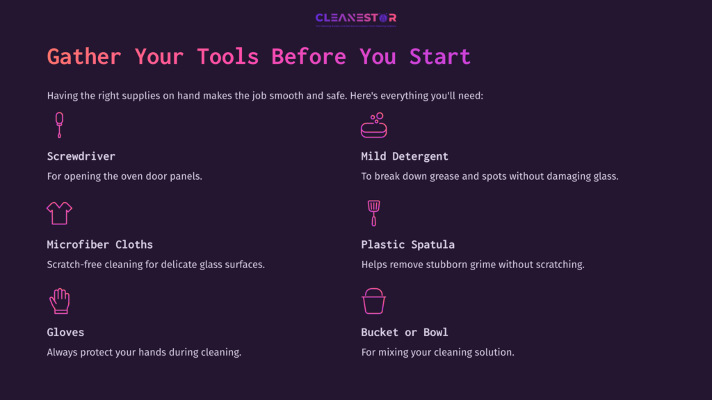List Of Cleaning Tools For Oven Door Maintenance, Including A Screwdriver, Detergent, Microfiber Cloths, Spatula, Gloves, And A Bowl, On A Dark Background.