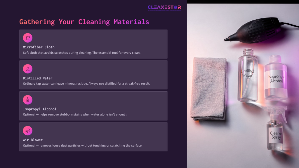 Cleaning Materials Arranged On A Purple Background: Microfiber Cloth, Spray Bottles Of Distilled Water And Isopropyl Alcohol, And An Air Blower.