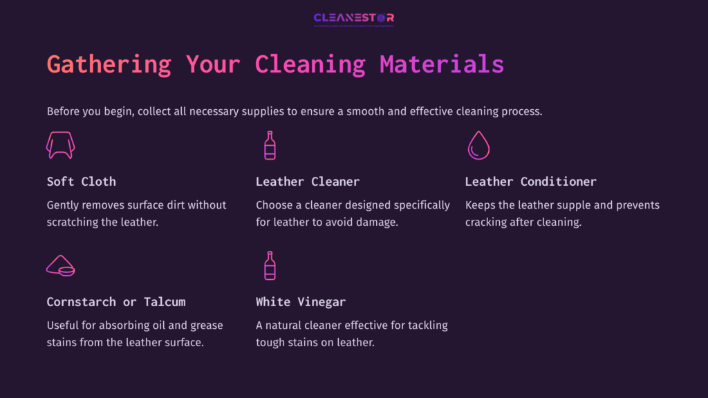 A Dark Purple Background Displays Four Cleaning Materials: Soft Cloth, Leather Cleaner, Leather Conditioner, And Cornstarch Or Talcum, With Descriptions.