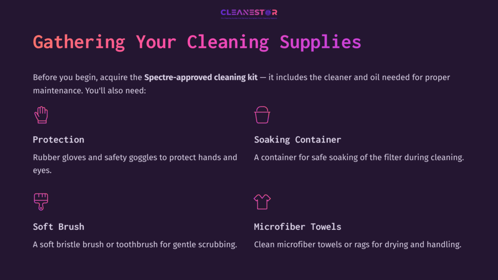 3 Gathering Your Cleaning Supplies 1 Cleaning Supplies List For Spectre Air Filter: Includes Protection Gear, Soaking Container, Soft Brush, And Microfiber Towels, On A Dark Purple Background.
