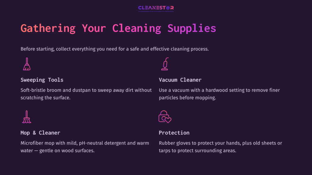 List Of Cleaning Supplies For Hardwood Floors, Including A Broom, Vacuum, Mop, And Gloves, Presented On A Dark Background.