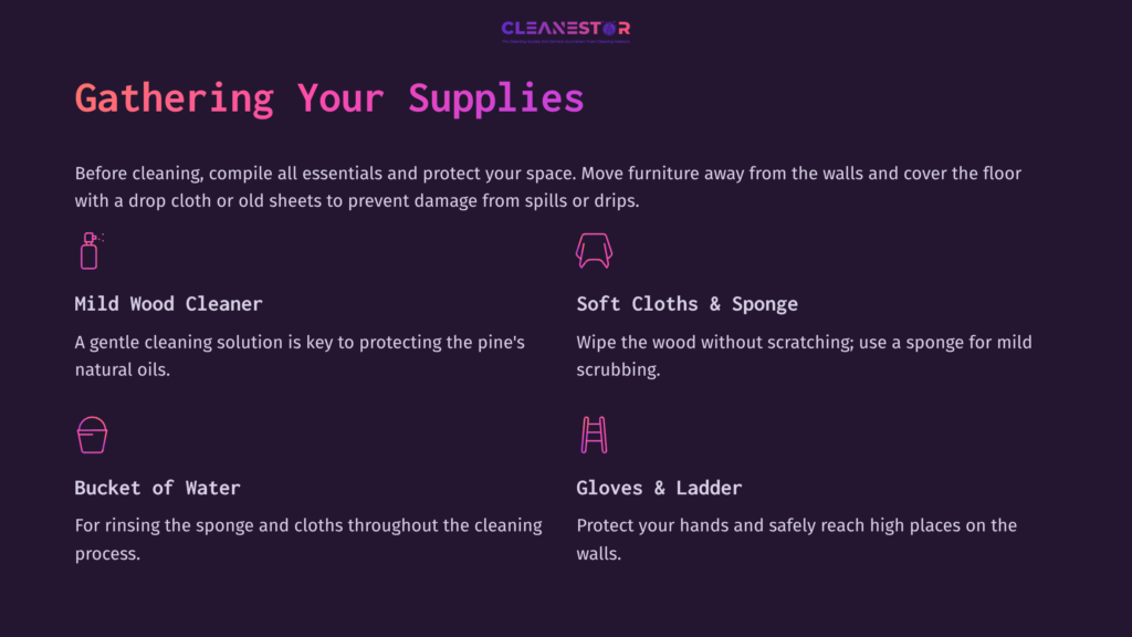 Supplies List For Cleaning Knotty Pine Walls, Featuring A Blue Wood Cleaner, Soft Cloths, Bucket Of Water, And Gloves On A Dark Background.