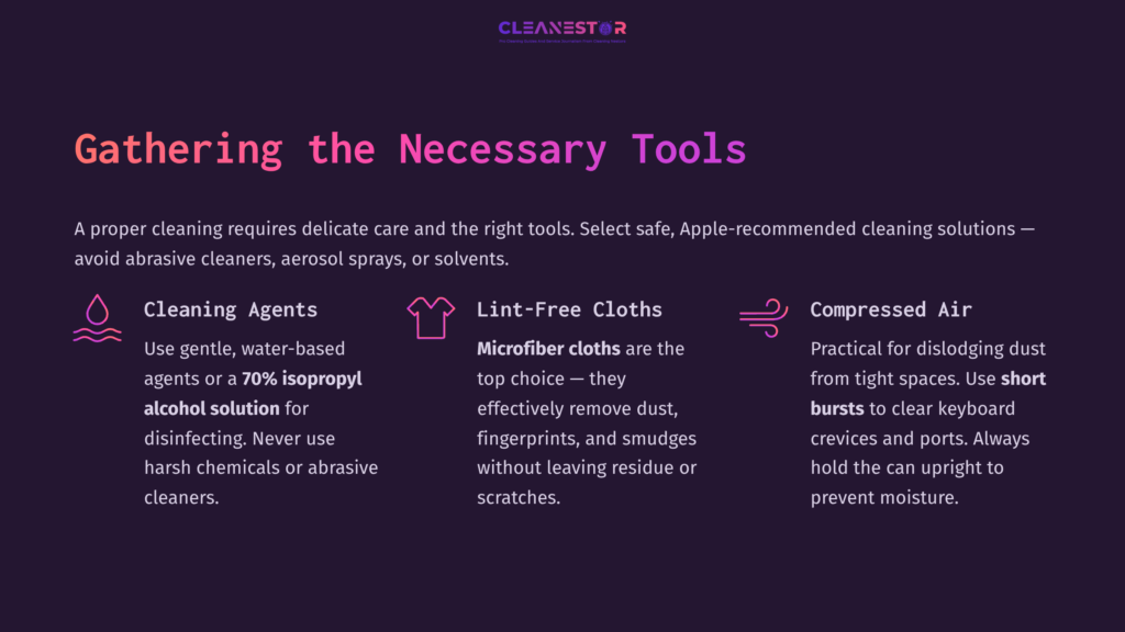 3 Gathering The Necessary Tools Text On A Dark Background Outlining Cleaning Tools For Macbooks, Featuring Sections On Cleaning Agents, Lint-Free Cloths, And Compressed Air.