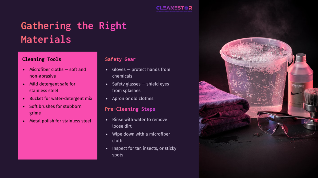 Purple And Black Layout Featuring A List Of Cleaning Materials And Safety Gear Alongside A Bucket With Soapy Water And Microfiber Cloths.