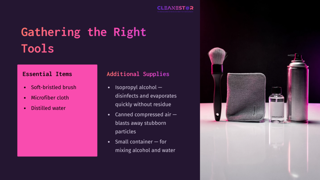 Layout Features A Pink And Black Color Scheme, Listing Essential Cleaning Tools Alongside Additional Supplies, Including A Brush, Cloth, And Spray Can.