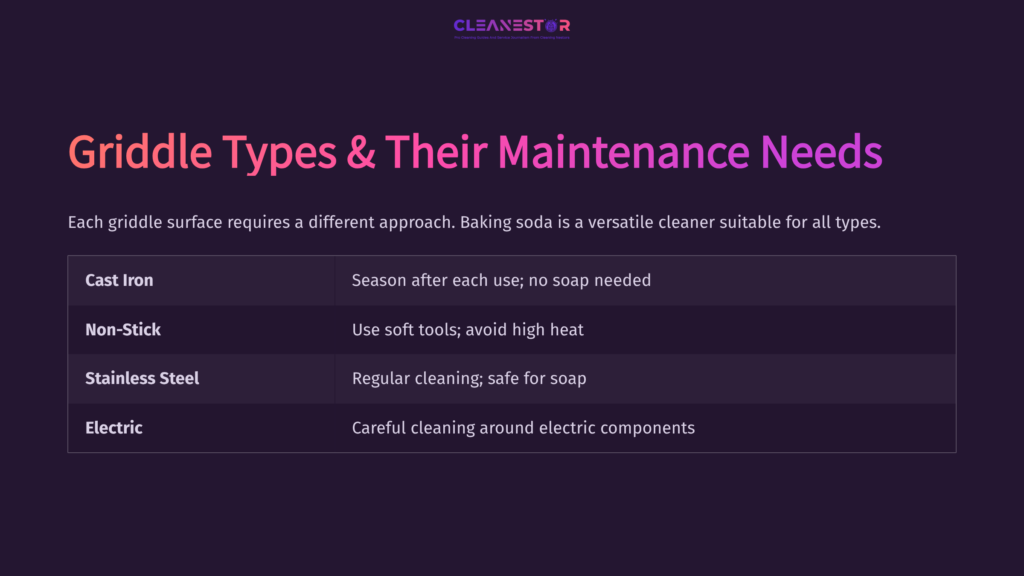 Chart Detailing Griddle Types And Maintenance Tips, Featuring Cast Iron, Non-Stick, Stainless Steel, And Electric Categories On A Dark Background.