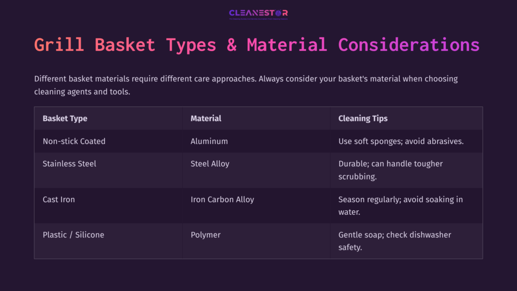 Table Outlining Grill Basket Types, Materials, And Cleaning Tips With Headings In White Text On A Dark Purple Background.