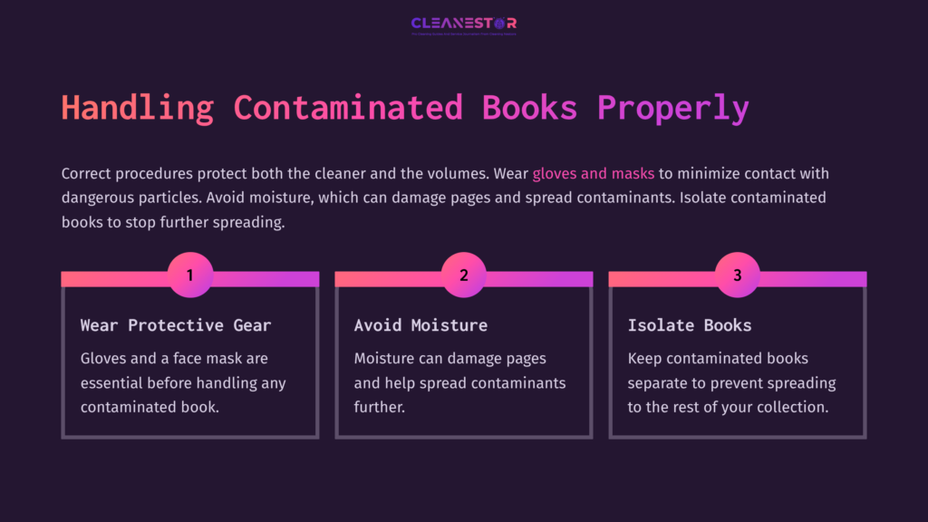 3 Handling Contaminated Books Properly Textual Infographic With A Dark Purple Background, Featuring Three Numbered Sections Highlighting Book Cleaning Tips In Vibrant Pink And White Text.