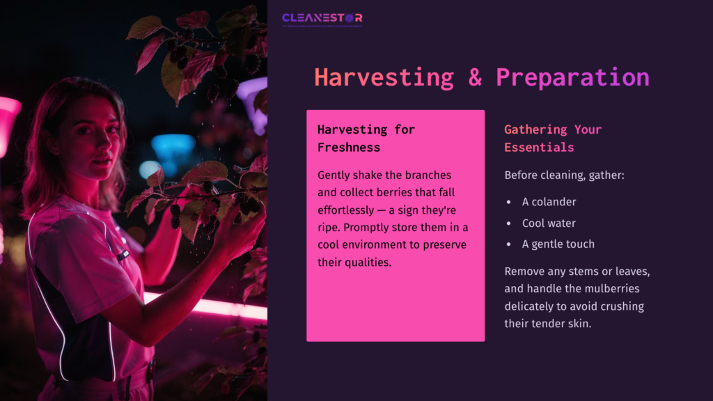 3 Harvesting And Preparation A Person Gently Holding Mulberries, Surrounded By Vibrant Pink And Purple Lighting, With Text About Harvesting And Cleaning Essentials.