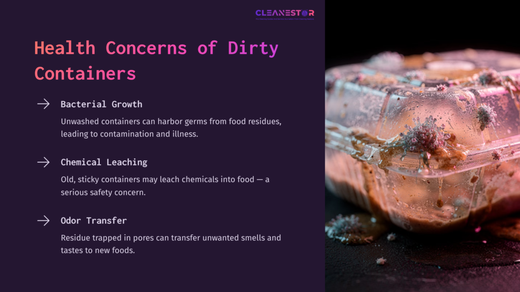 A Dirty, Sticky Tupperware Container With Residue Inside, Accompanied By Text Highlighting Health Concerns Like Bacterial Growth And Chemical Leaching.