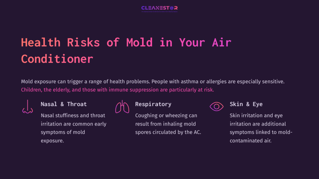 Text On A Dark Background Highlights Health Risks Of Mold In Air Conditioners, With Icons For Nasal, Respiratory, And Skin Symptoms.