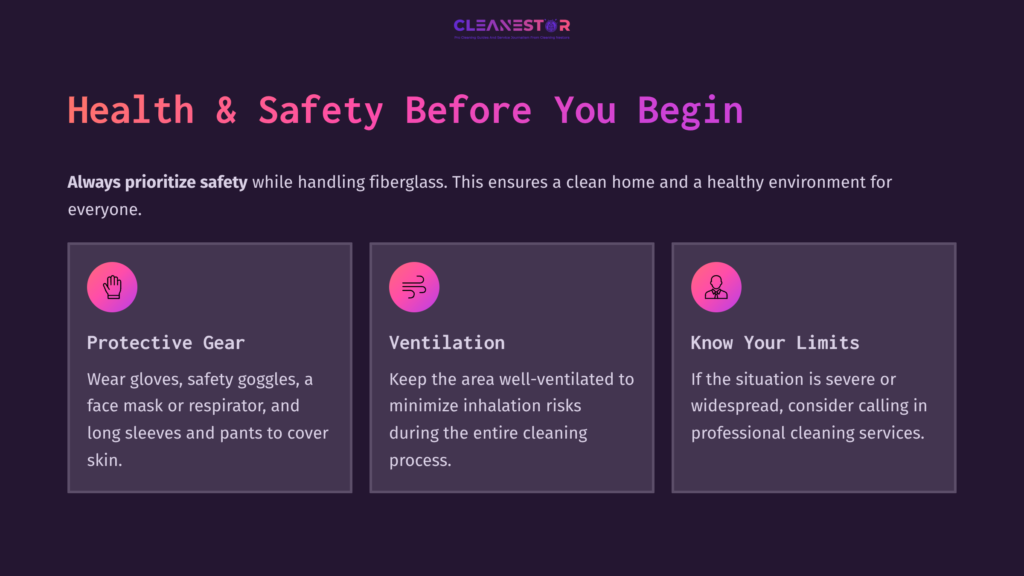 Health And Safety Tips For Handling Fiberglass: Highlights Protective Gear, Ventilation, And Professional Assistance. Dark Background, Colorful Icons.