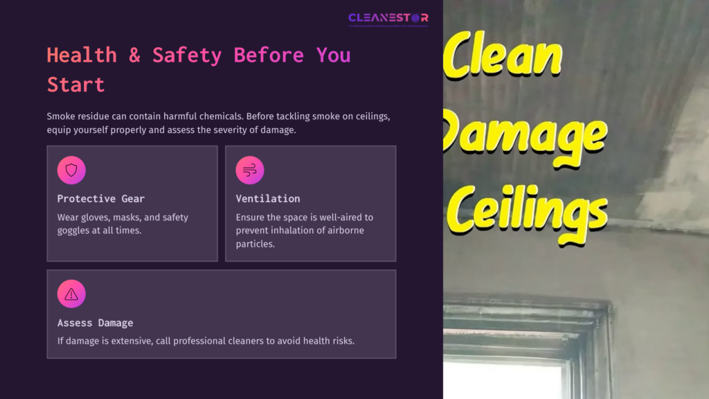 Text On A Purple Background Outlines Health And Safety Tips For Cleaning Smoke From Ceilings, With Highlighted Sections For Protective Gear, Ventilation, And Assessment.
